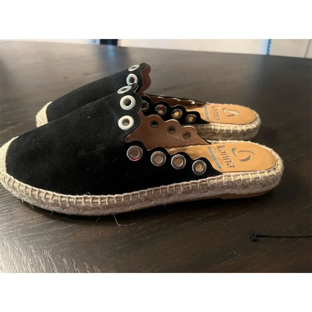 Kanna Women's Black Suede Espadrille‎ Mules with Eyelets Made in Spain sz6 EU 37